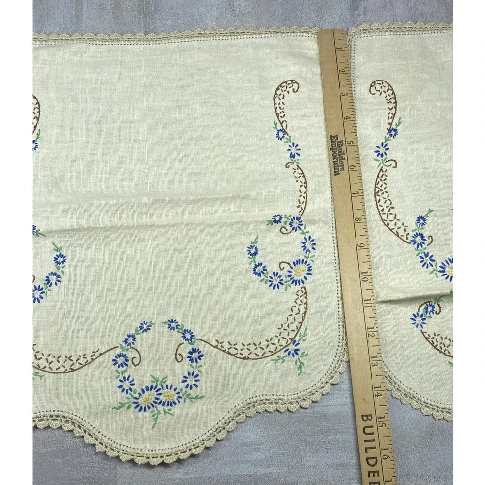 Vintage Beige Linen Embroidered Floral Couch Arm Covers Decor Crochet Set 3
